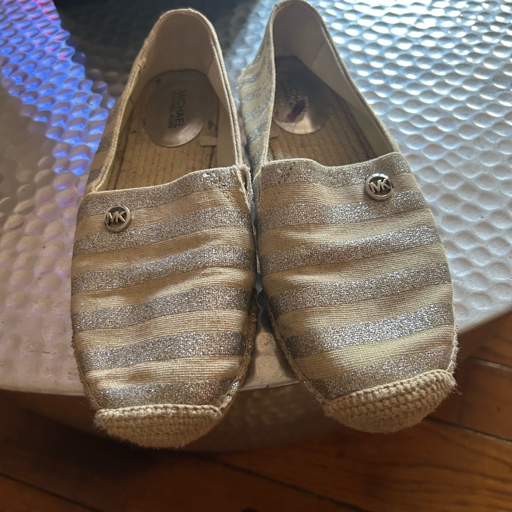 Michael Kors Glittering Silver and Tan Espadrilles